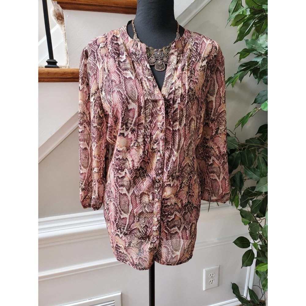 Liz Claiborne Women Multicolor 100% Polyester Long Sleeve Buttons Front Blouse L